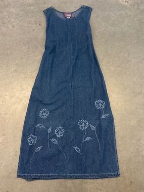 Premier International Denim Maxi Dress with White Floral Embroidery L size